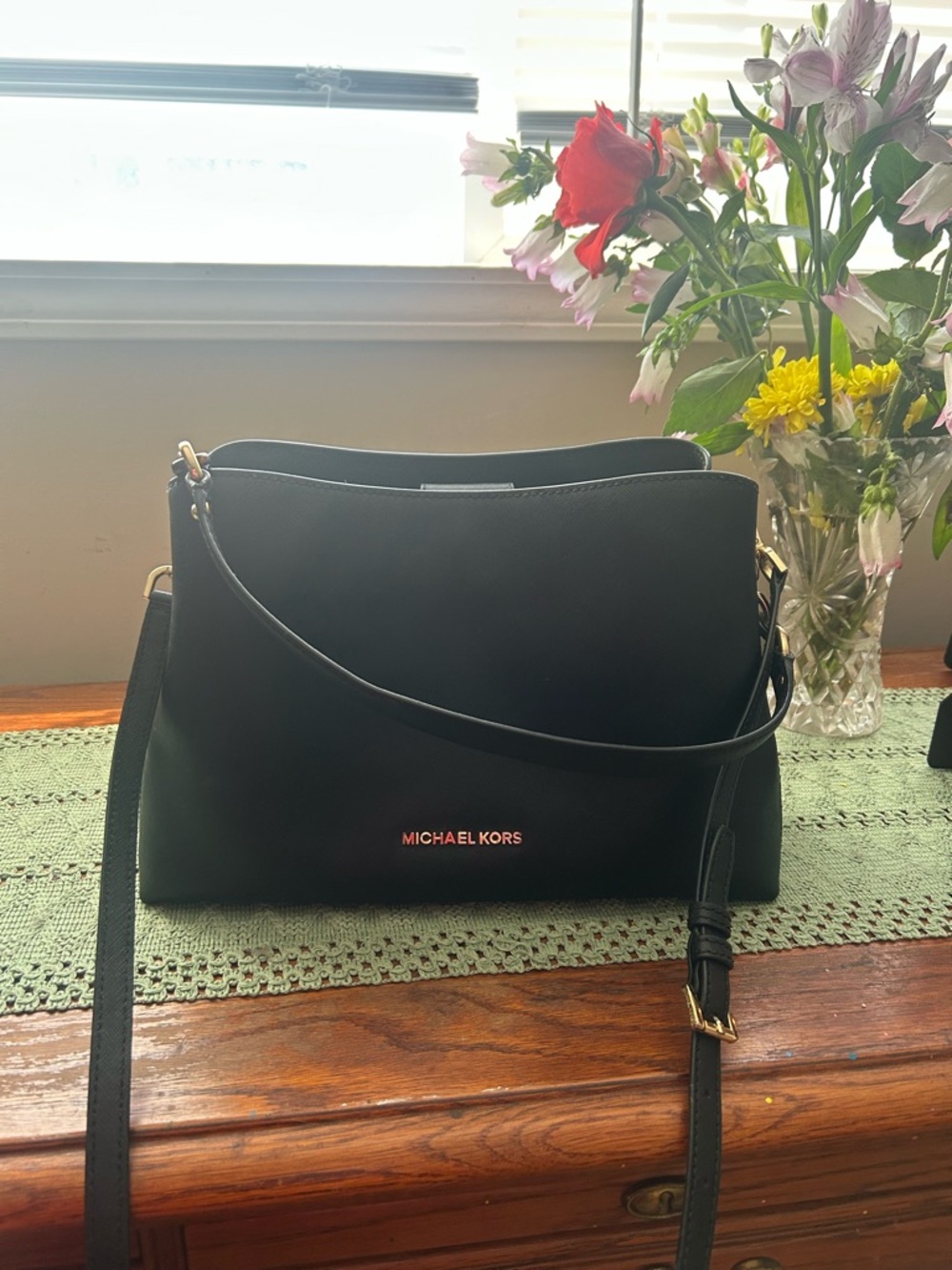 Michael Kors Black Leather Shoulder Bag with Gold Logo